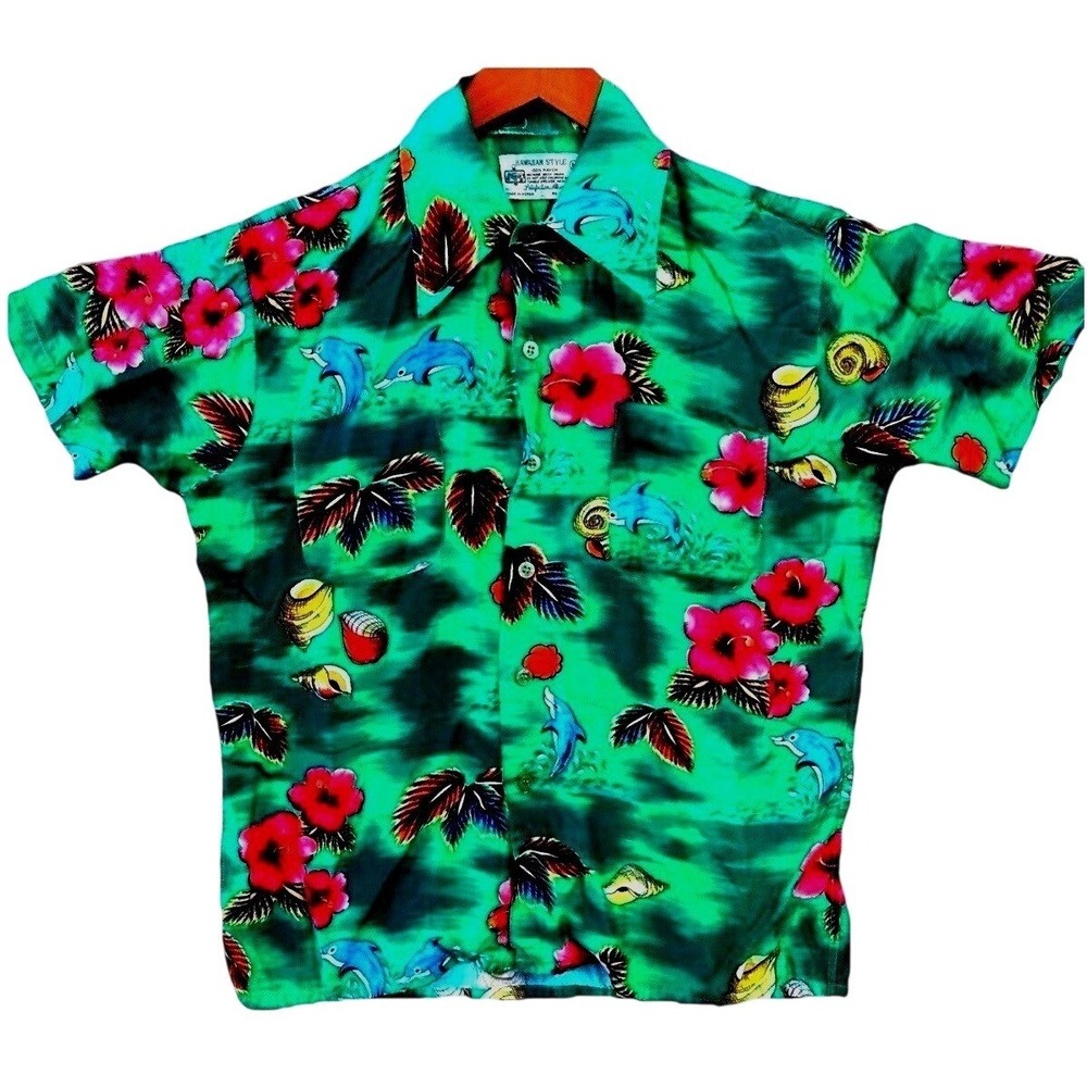 Vintage Hawaiian Style Mens Button Up Shirt Size M Green Dolphin Hibiscus Rayon
